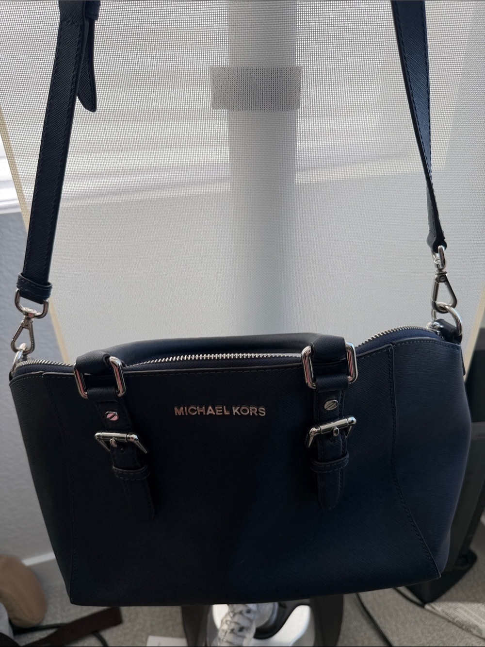 Michael Kors Navy Saffiano Shoulder Bag with Silver Hardware
